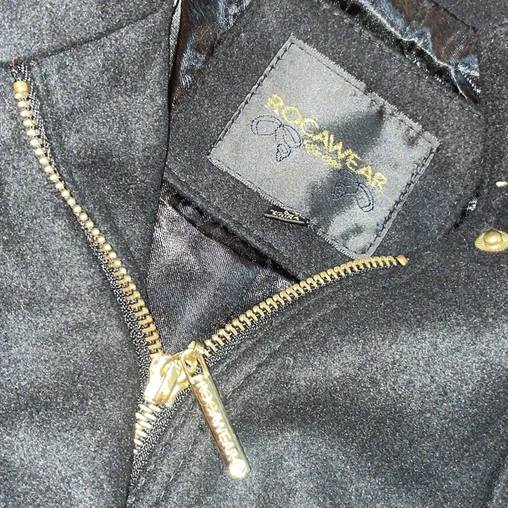 NEW ROCAWEAR black Y2K Zipper Snap  Belted Logo WOOL Winter  COAT Large L